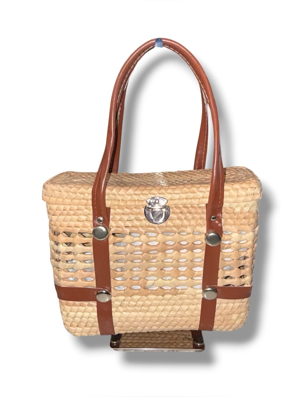 Woven Straw Picnic Style Handbag with Brown Leather Straps
